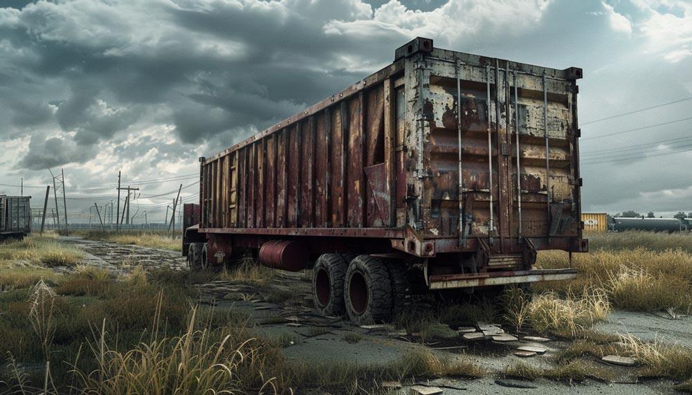 Old rusty trailer being loaded onto tow truck