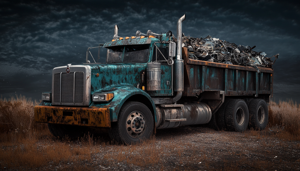 Weathered dump truck filled with scrap metal on a gravel road against a stormy sky